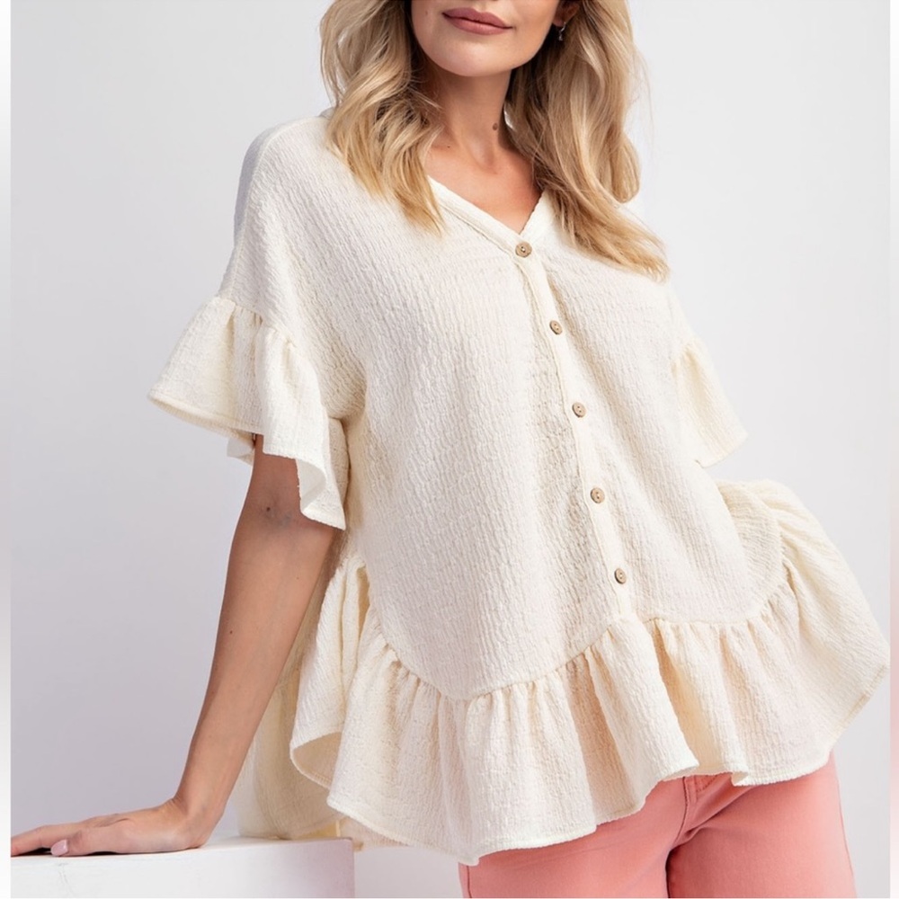 NEW TEXTURED BUTTON DOWN
BABYDOLL KNIT LIGHTWEIGHT RELAXED BLOUSE